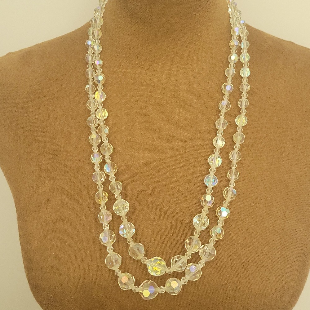 Vintage Aurora Borealis Crystal Double Strand Necklace 22 24 Inch Cottagecore